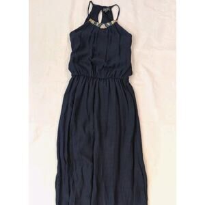 Lily Rose Navy Blue Maxi Dress XS Beaded Neck Boho Gauze Sleeveless Lined